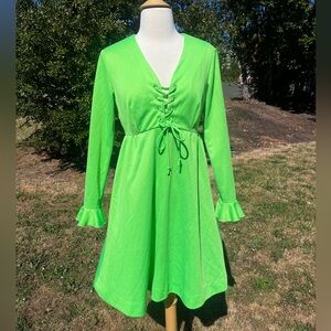 Vintage 70s Lime Green Mod Brady Bunch Union Made Disco Dress Small Medium
